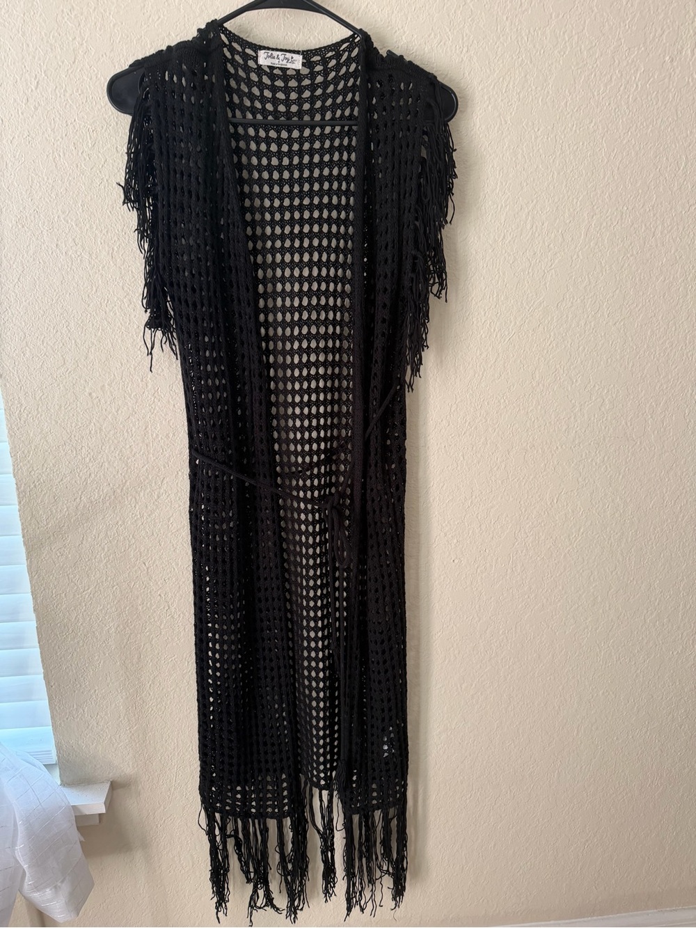 Boho Black Crochet Maxi Cover-Up Dress with Fringe